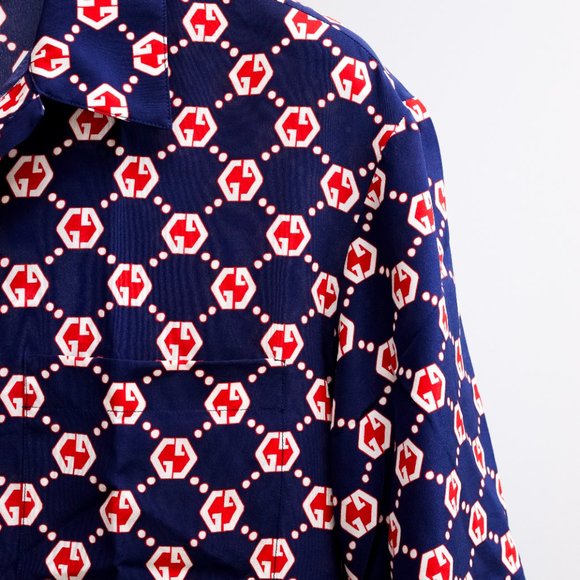 Gucci Navy and Red Monogram Silk Shirt - Picture 6 of 16